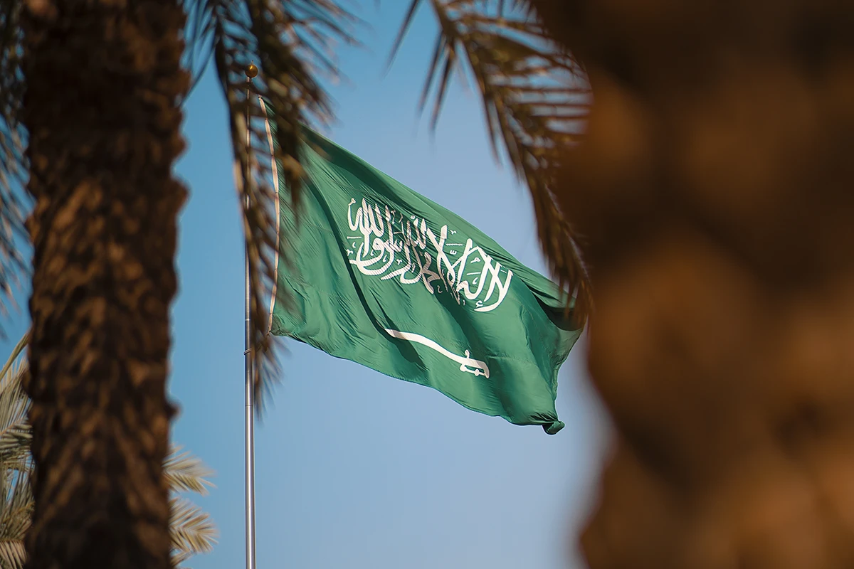 Close-up of the flagpole of Saudi Arabia from behind palm tree branches.